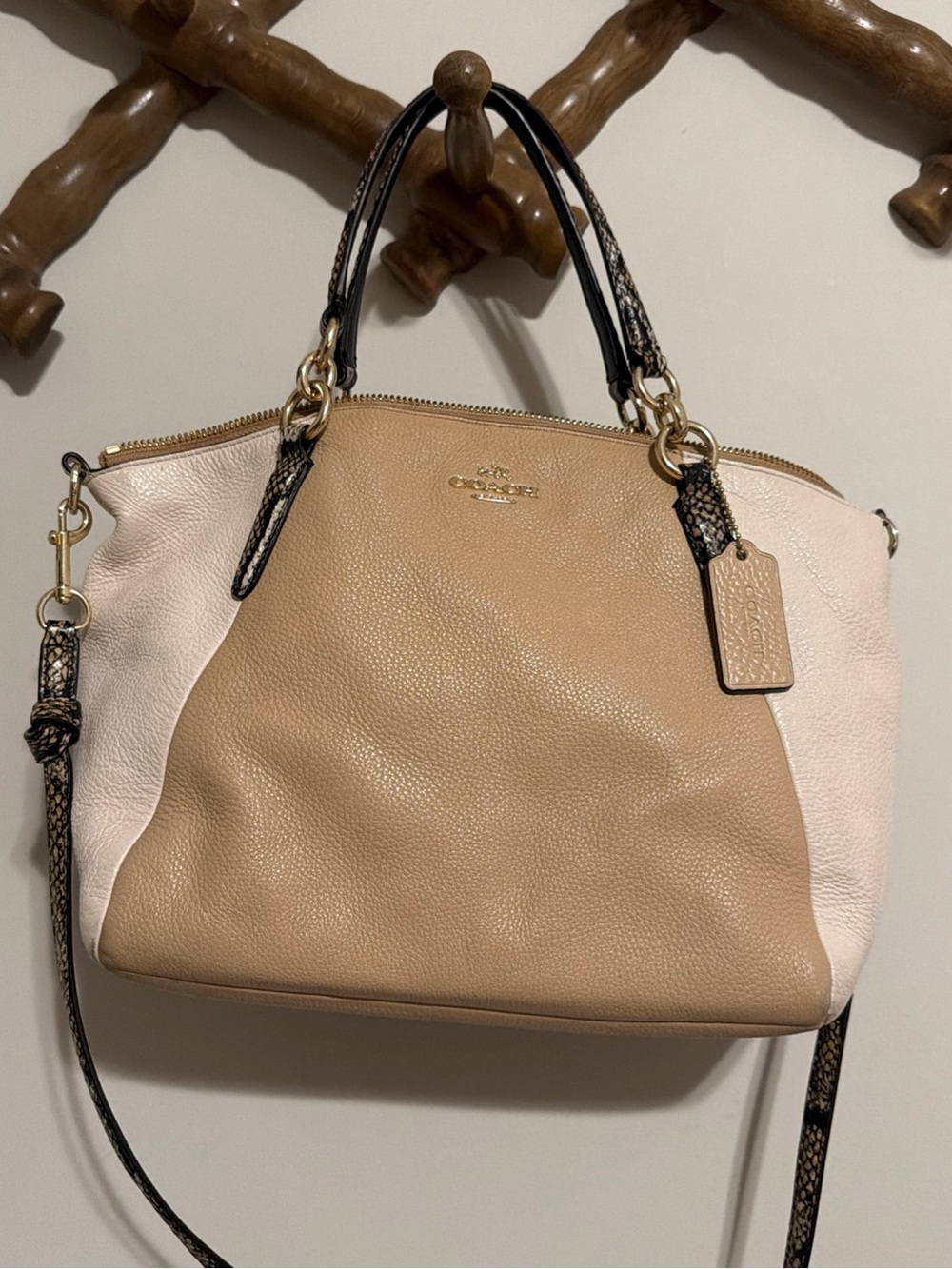 Coach Two-Tone Pebbled Leather Satchel in Tan and Cream